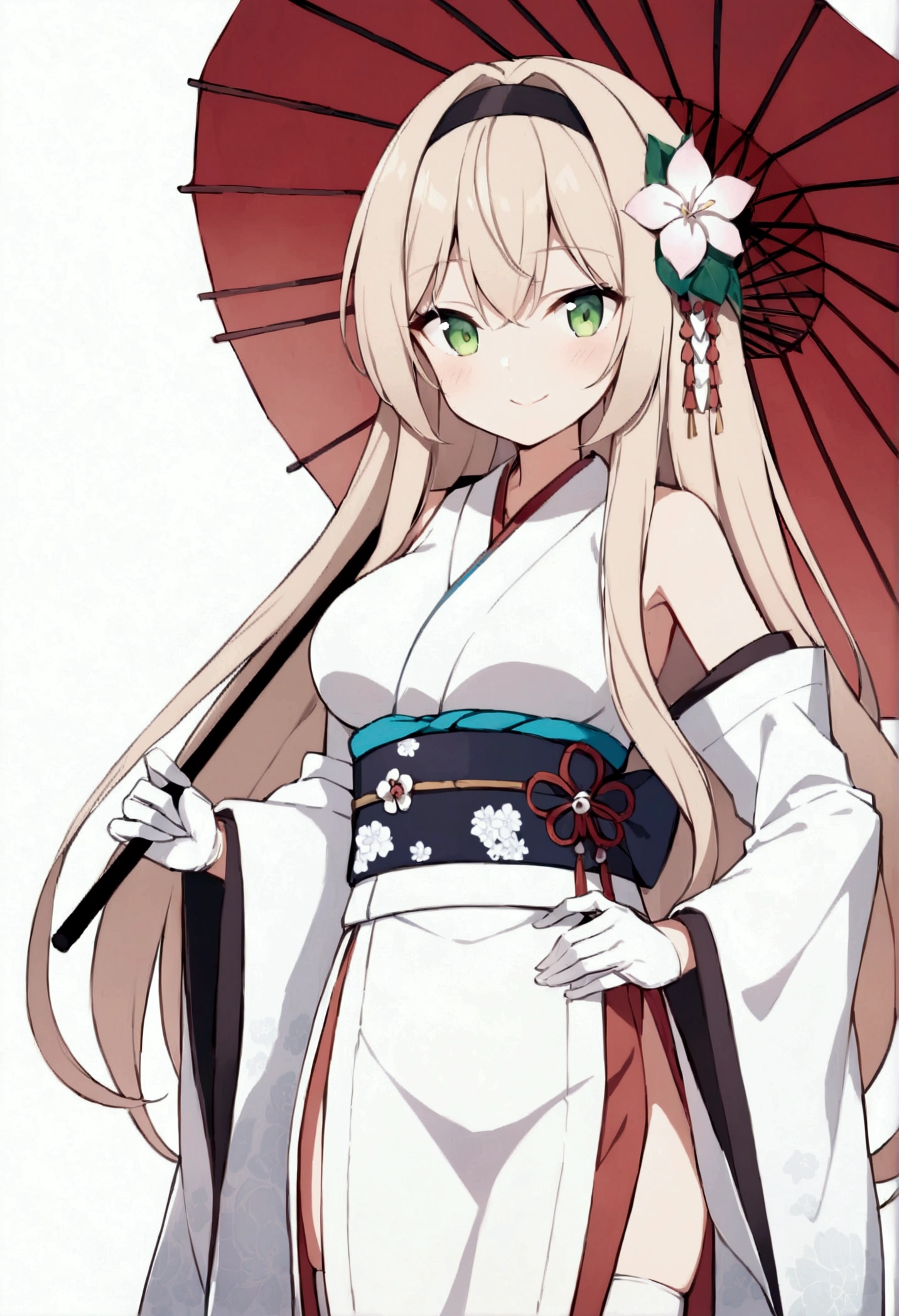 slender, mature female, 1girl, light brown_hair, umbrella, long_hair, solo, wide_sleeves, smile, japanese_clothes, hair_ornament, kimono, obi, holding, holding_umbrella, hair_flower, long_sleeves, sash, breasts, closed_mouth, flower, looking_at_viewer, alternate_costume, bangs, detached_sleeves, eyebrows_visible_through_hair, blush, bare_shoulders, hair_between_eyes, hairband, floral_print, green_eyes, gloves, standing, black_hairband, white_kimono, ribbon, thighhighs,very_long_hair, eyebrows, bow, hair_ribbon, white_legwear, skirt, hair_intakes, oriental_umbrella, medium_breasts,