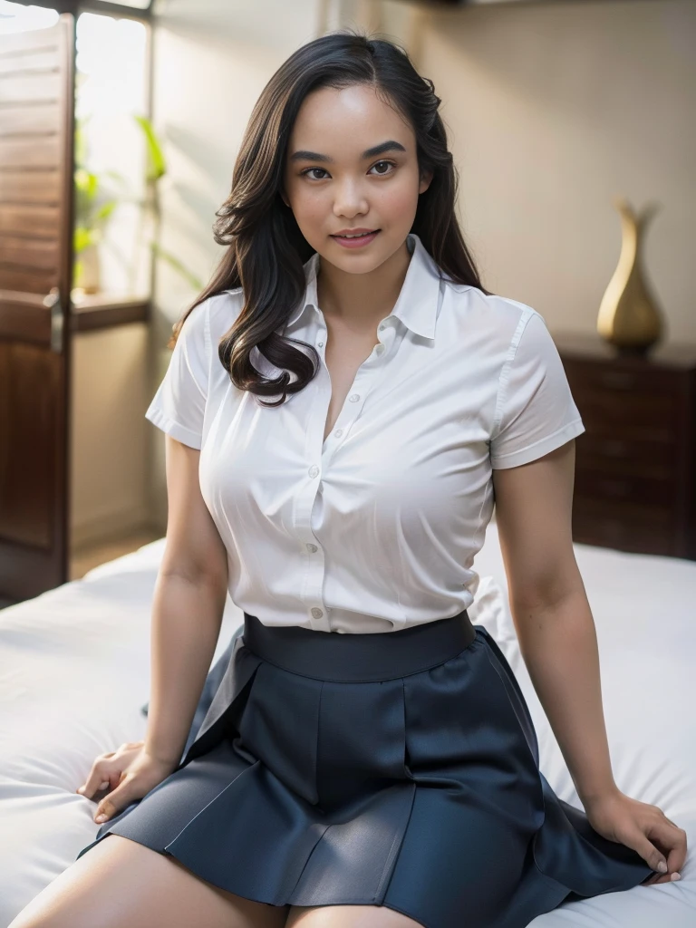 1girl, solo, sensual, top-quality, (professional lighting without shadows), view from far, (ultra wide angle shot: 1.4), (Indonesian_high_school), fit body, long hair, beautiful hairstyle, very seductive pose, little smile, sitting on top of bed, detailed face, detailed eyes, unparalleled beauty, looking at the audience, thick breasts, detailed skin, fit thighs, fit arms, muscular belly, looking at the viewer, wearing very short grey blue skirt, wearing white shirt, (8k, RAW photo, best quality, masterpiece: 1.2), (realistic, realistic: 1.5), ultra-high resolution, hyper-realistic