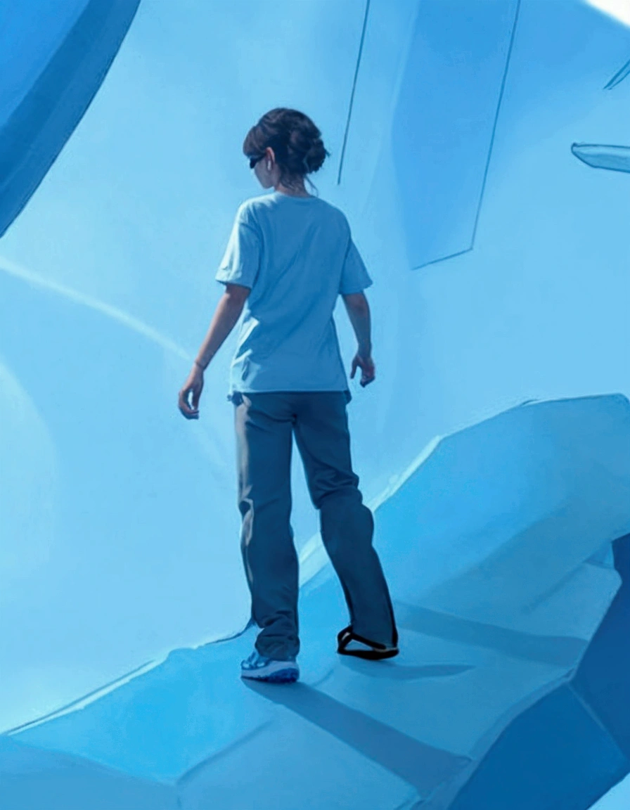 Back view of girl going out, blue T-shirt, light white pants, blue sneakers