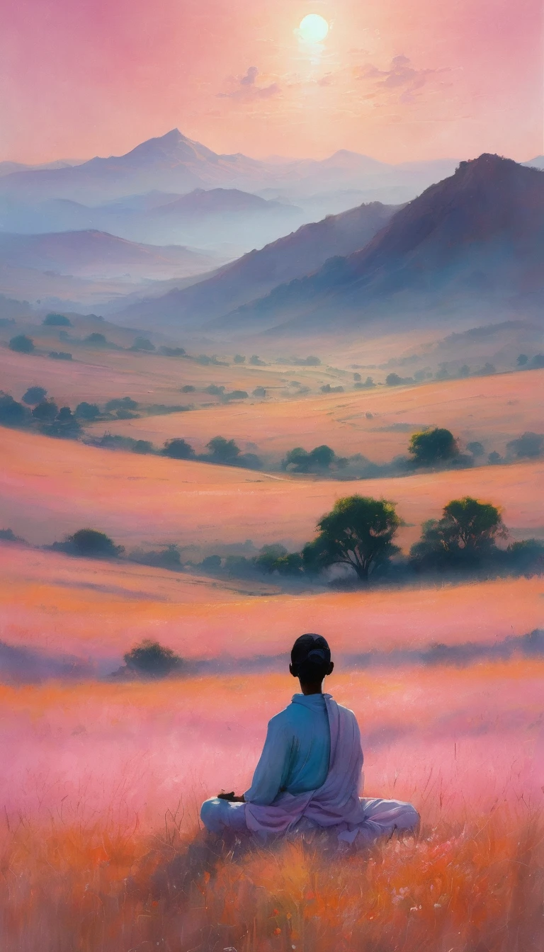 Imagine a serene landscape at dawn, in an open field surrounded by distant mountains. En el centro de la imagen, there is a person sitting alone in meditation position on a gentle hill, facing the horizon. The grass around is covered with dew, reflecting the soft light of the rising sun. The sky is dyed in pastel shades of pink, orange and blue, while scattered clouds slowly float by.