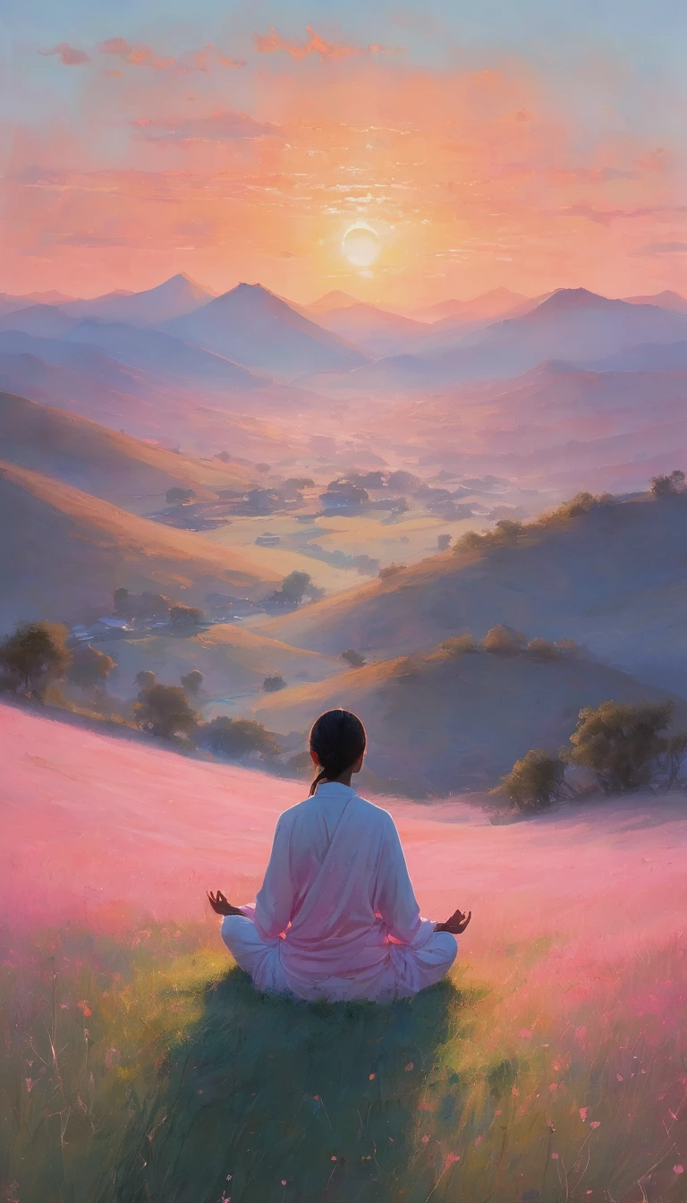 Imagine a serene landscape at dawn, in an open field surrounded by distant mountains. En el centro de la imagen, there is a person sitting alone in meditation position on a gentle hill, facing the horizon. The grass around is covered with dew, reflecting the soft light of the rising sun. The sky is dyed in pastel shades of pink, orange and blue, while scattered clouds slowly float by.