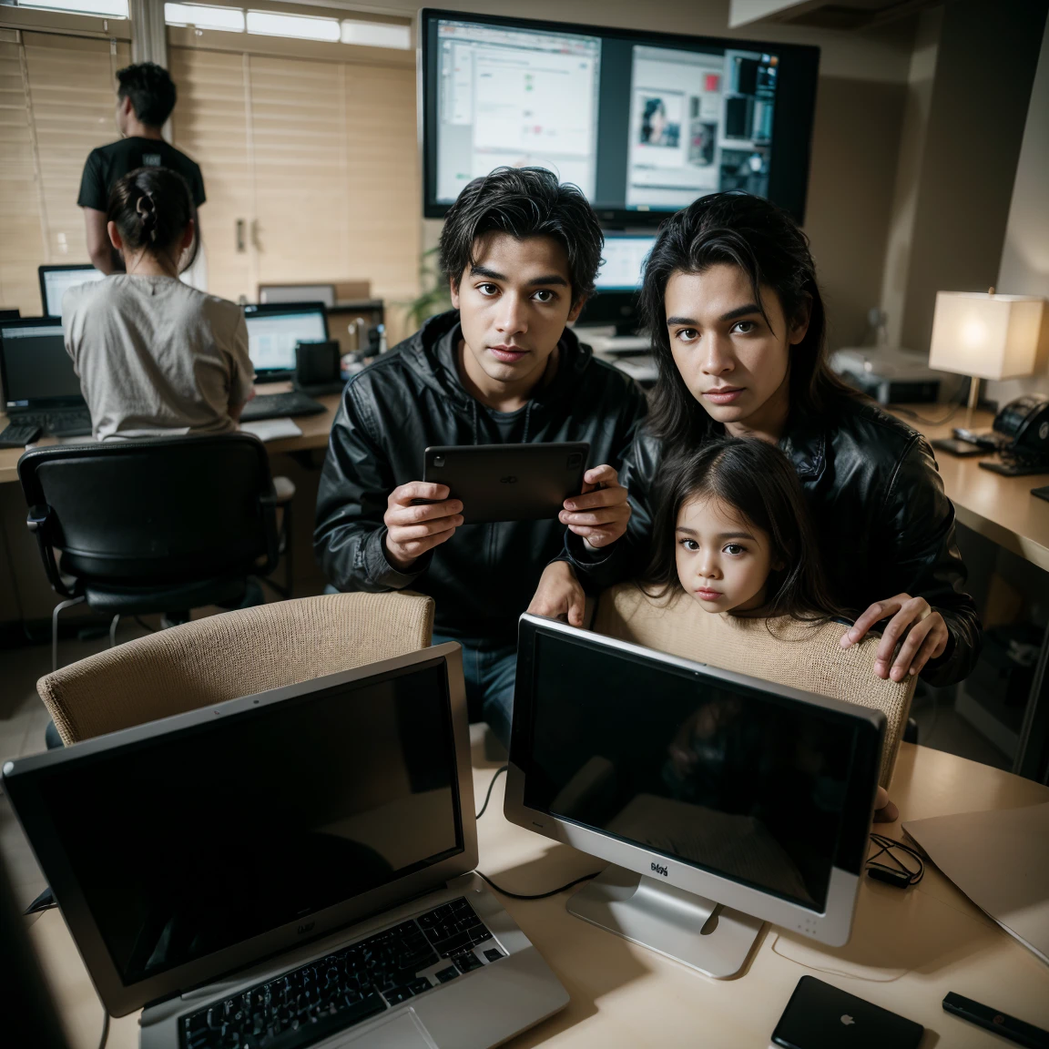 (Highest quality, Ultra HD, 16k, Masterpiece) family reunited with a computer