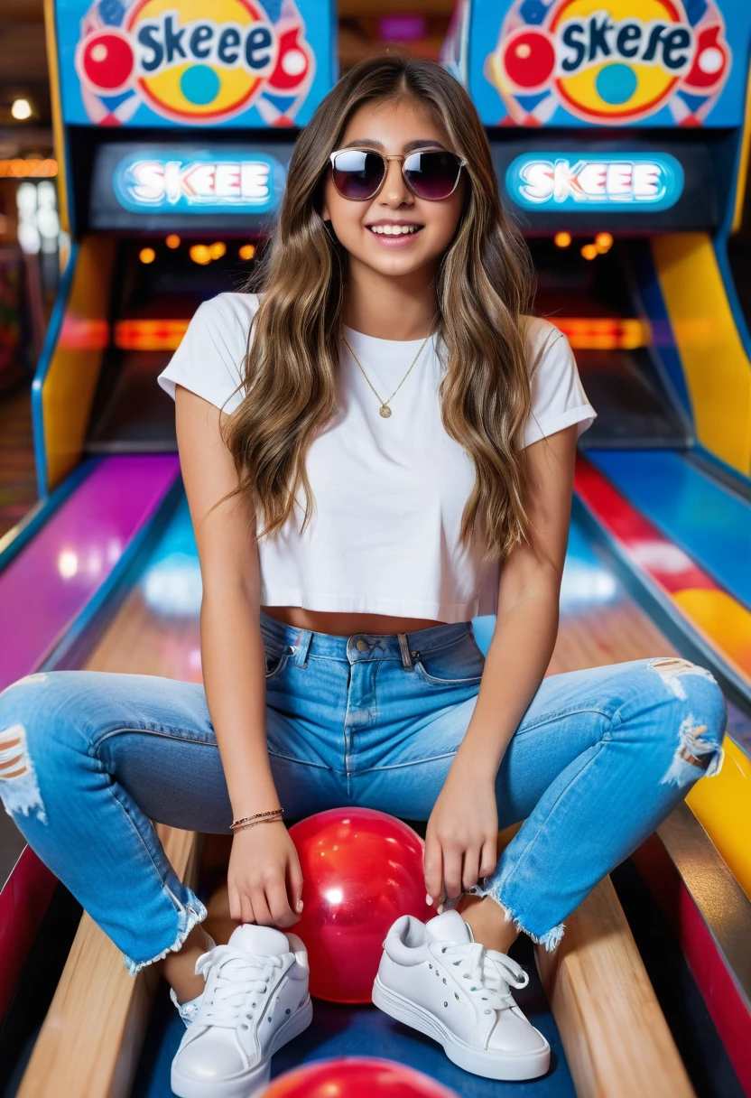 A young girl with long hair sits casually on a skee-ball machine in an arcade. She is wearing a white crop top, ripped light blue jeans, and white sneakers. She has sunglasses on and strikes a confident pose. The background features colorful skee-ball machines with bright lights and vibrant colors.