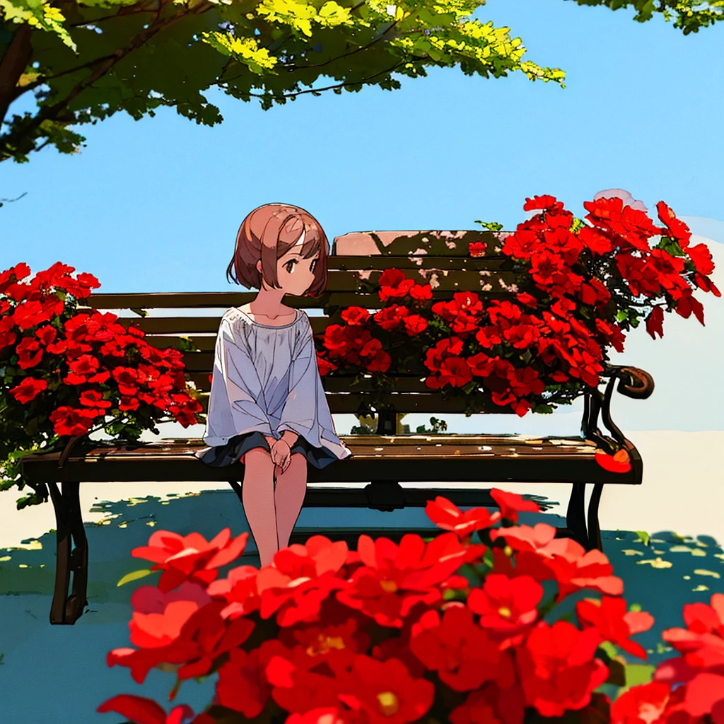 Summer, girl sitting on bench, red flowers, white clothes, brown hair, short, light gray background