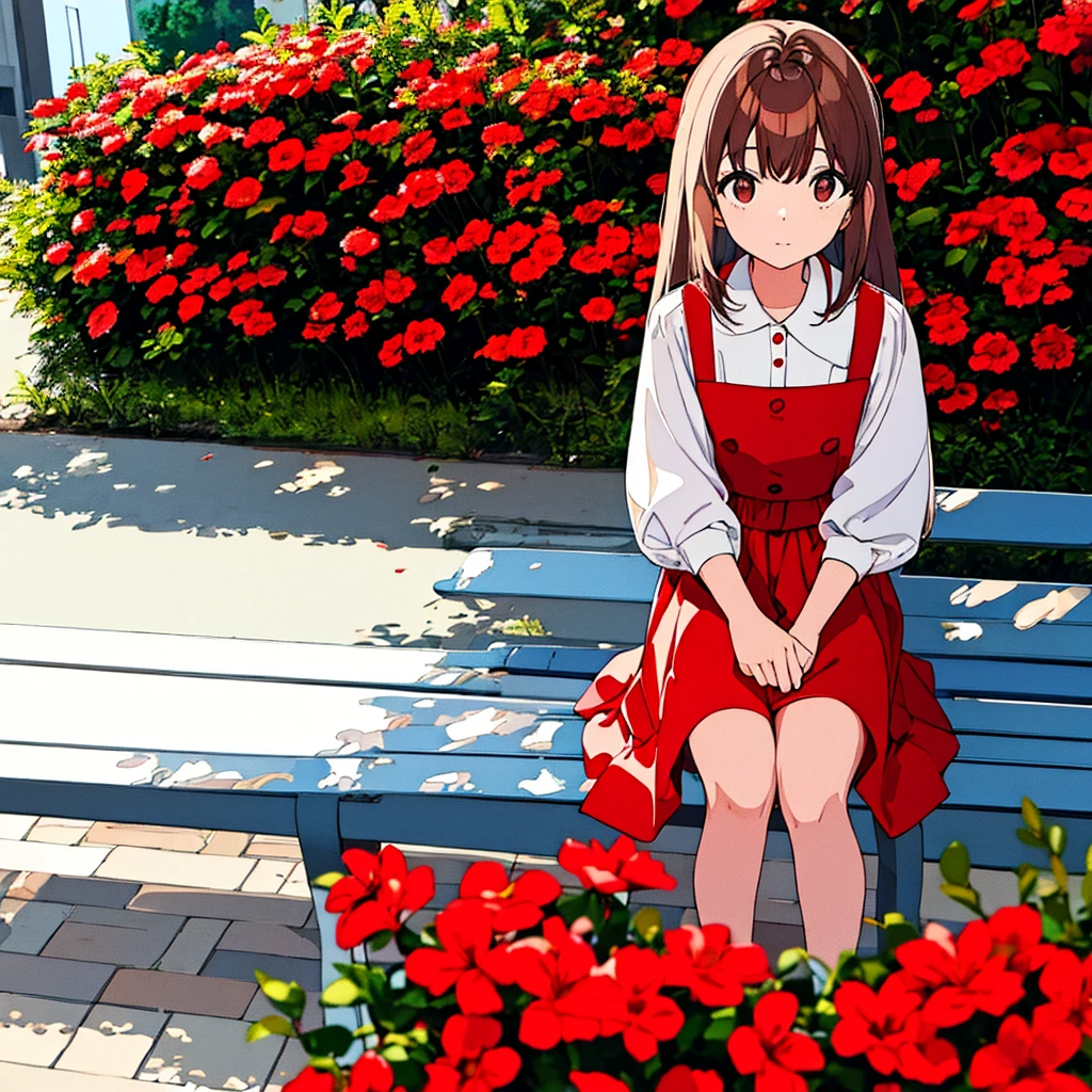 Summer, girl sitting on bench, red flowers, white clothes, brown hair, short, light gray background