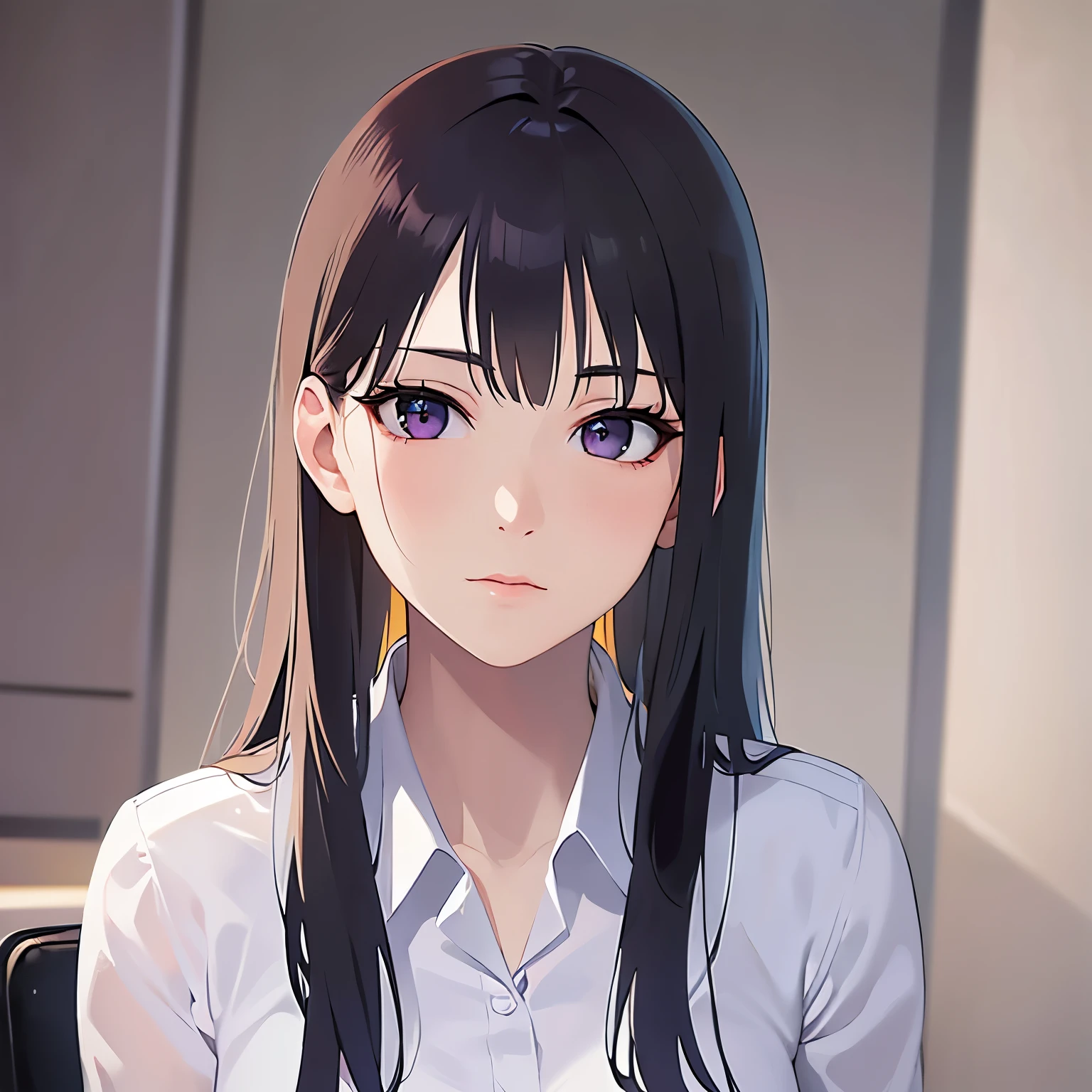 side angle, (looking away:1.5), Upper Body, Realistic, real person, (pale skin: 1.2), RAW photo, photorealistic, shiny skin, shiny hair、(A 25-year-old woman with straight hair and bangs) and (medium hair) and (black hair) and (purple eyes) , (business suit:1.5) and (white collared shirt)、Serious expression, The background is the office、Alone、Sitting、computer