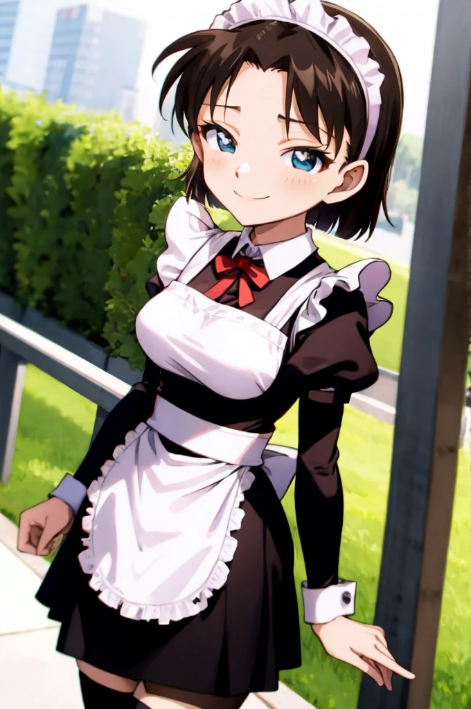 ayumiyoshida, , blue eyes, short hair, brown hair, bangs, hairband, , smile, ,,,outdoor,medium breasts,,(((maid costume))),miniskirt