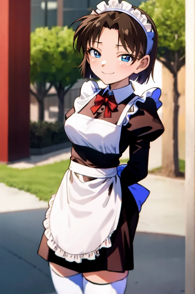 ayumiyoshida, , blue eyes, short hair, brown hair, bangs, hairband, , smile, ,,,outdoor,medium breasts,,(((maid costume))),miniskirt