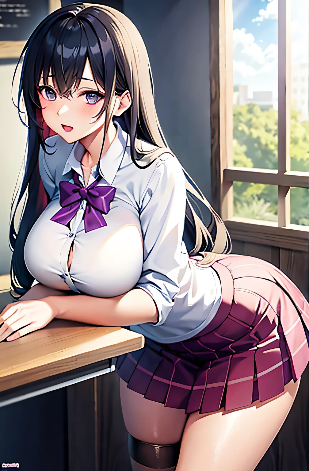 masutepiece,Best Quality,ultra-detailliert,8K,tall,Big female,huge-breasted,年轻,20 years old,Medium Hair,Wavy Hair,Brown hair,hair clips,lightsmile,blush,tusk, POV, Fisheye,(Panties:1.1), School uniform, crass room, From below, Dynamic Angle, School Desk, school chair, Sitting, Spread legs, Skirt, view through desk, viewed from under desk, lightsmile,