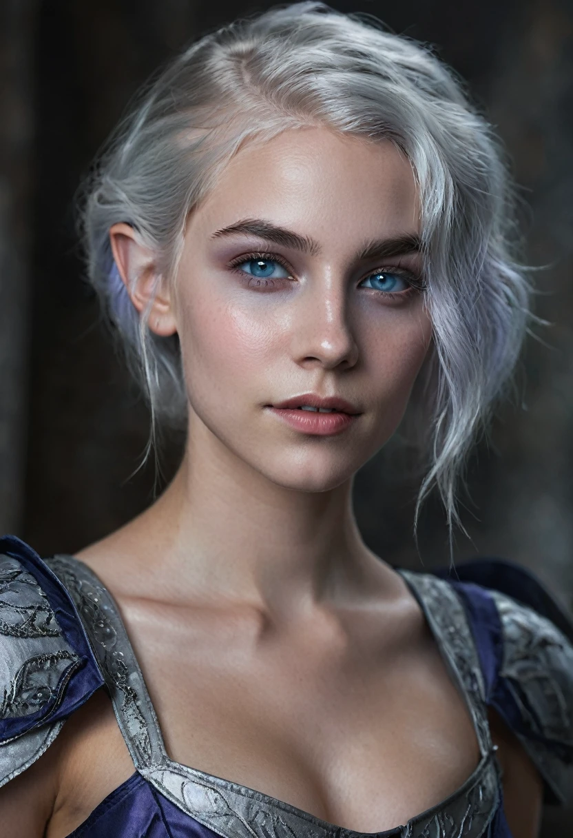 Portrait of a dark elf drow beautiful teenager, Sydney Cole, intricate dress, soft smile, huge natural lips, short silver white hair, blue-grey eyes, lavender colored skin, cleavage, realism, digital painting, concept art, smooth, sharp focus, rule of thirds, Style-Psycho