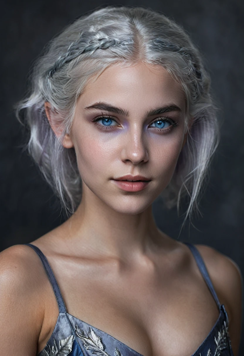 Portrait of a dark elf drow beautiful teenager, Sydney Cole, intricate dress, soft smile, huge natural lips, short silver white hair, blue-grey eyes, lavender colored skin, cleavage, realism, digital painting, concept art, smooth, sharp focus, rule of thirds, Style-Psycho