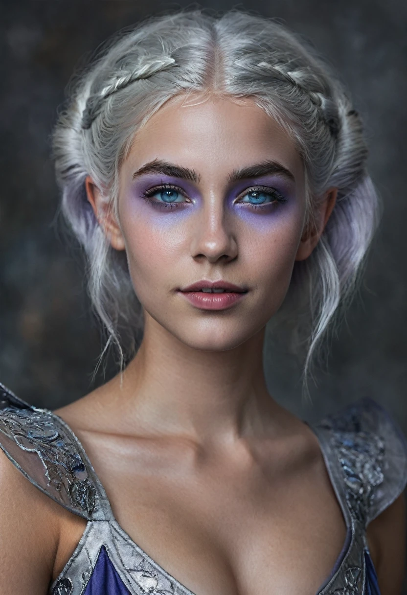 Portrait of a dark elf drow beautiful teenager, Sydney Cole, intricate dress, soft smile, huge natural lips, short silver white hair, blue-grey eyes, lavender colored skin, cleavage, realism, digital painting, concept art, smooth, sharp focus, rule of thirds, Style-Psycho