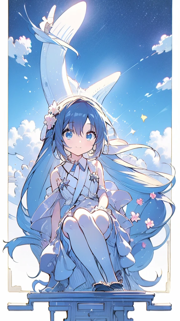 Seven-doppelganger shot,Anime style 4K,High quality anime art style,Standing painting,Splash ink background,Blue Themes、Pure white background,Buildings,Face close-up,Buildings,Moon and sun、Shining Star々,milky way,Bright Sky,Looking at me,Facing forward,Clear eyes and nose,cute,beautiful,Thin legs,sitting by the water, black hair, Blue eyes, girl, bob, front, cute,Blue Background,Long Hair,Whale flying in the blue sky,Buildings,whale,Black Hair
