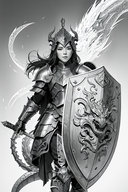 in lineart style, monochrome, a medieval warrior dressed in armor facing a beautiful dragon that is breathing fire at the warrior who protects himself with a shield
