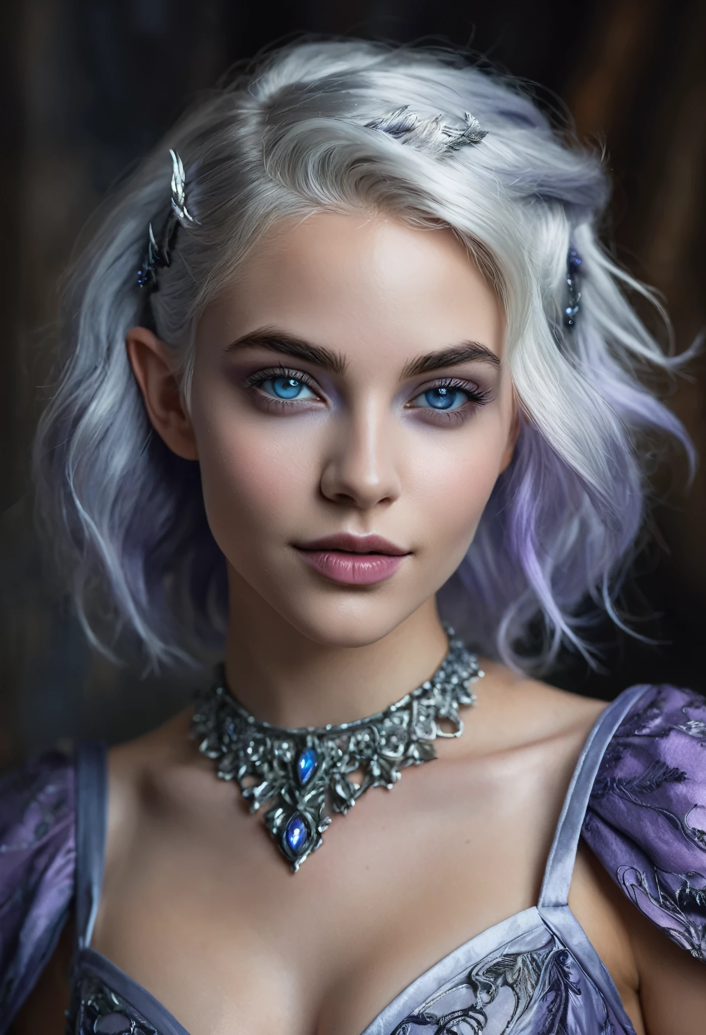 Portrait of a dark elf drow beautiful ager, Sydney Cole, intricate dress, soft smile, huge natural lips, short silver white hair, blue-grey eyes, lavender colored skin, cleavage, realism, digital painting, concept art, smooth, sharp focus, rule of thirds, Style-Psycho