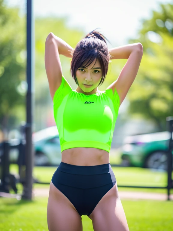 Best quality 8k resolution Ultra detailed Bright neon green competition sportswear Serious facial expression Cute beauty Abs Arms up Very short hair High waisted tights Flat chest Japanese Sharp focus Track and field club Very short hair 27 years old Sweating