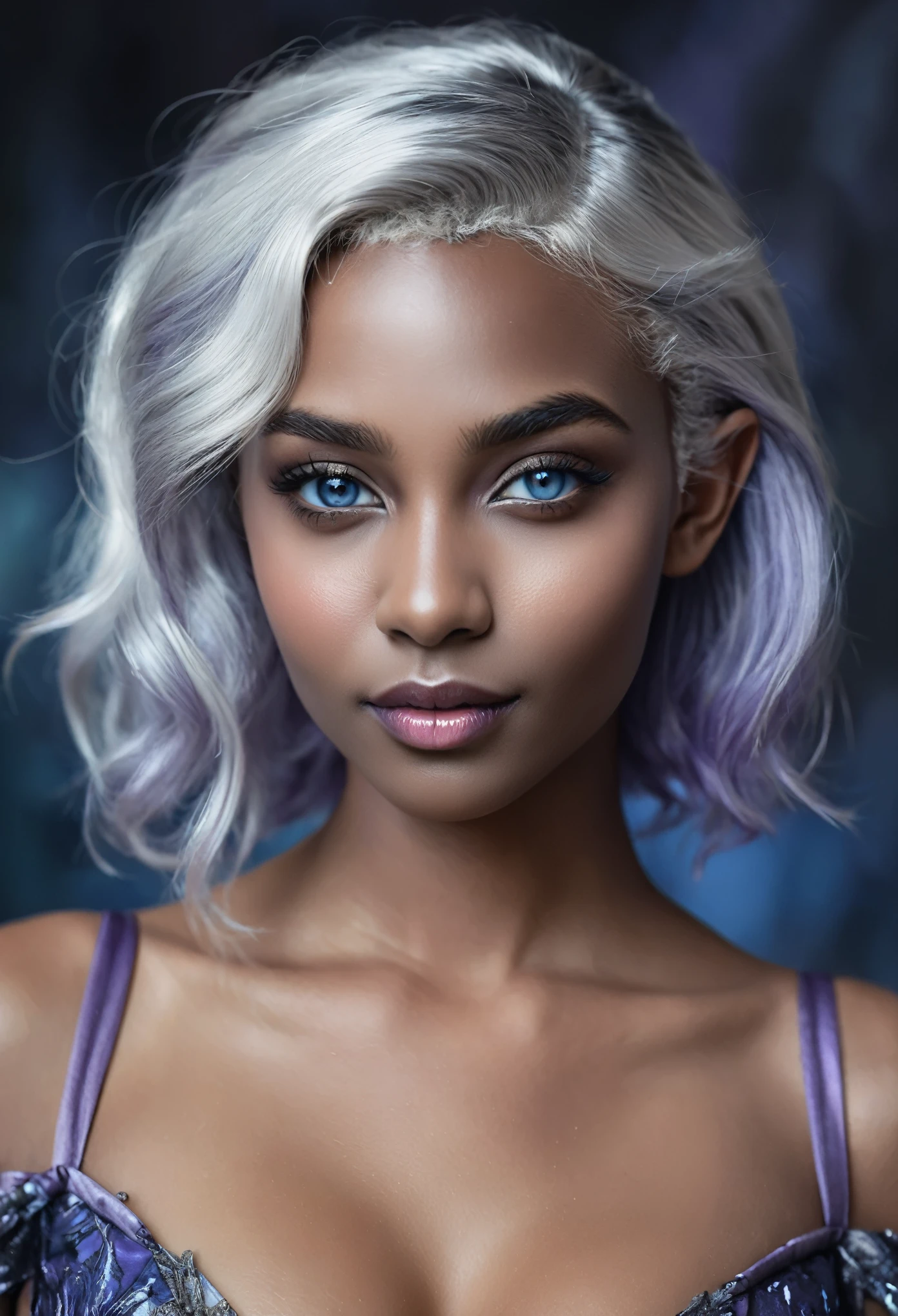 Portrait of a dark elf drow beautiful teenager, Sydney Cole, intricate dress, soft smile, huge natural lips, short silver white hair, blue-grey eyes, lavender colored skin, cleavage, realism, digital painting, concept art, smooth, sharp focus, rule of thirds, Style-Psycho