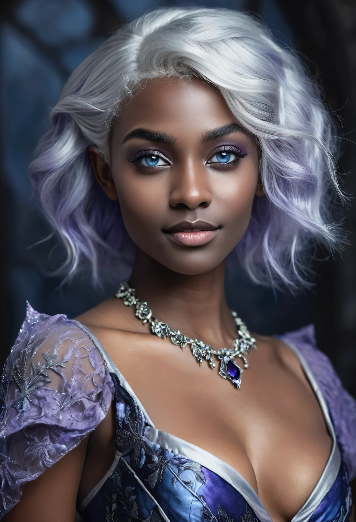Portrait of a dark elf drow beautiful ager, Sydney Cole, intricate dress, soft smile, huge natural lips, short silver white hair, blue-grey eyes, lavender colored skin, cleavage, realism, digital painting, concept art, smooth, sharp focus, rule of thirds, Style-Psycho