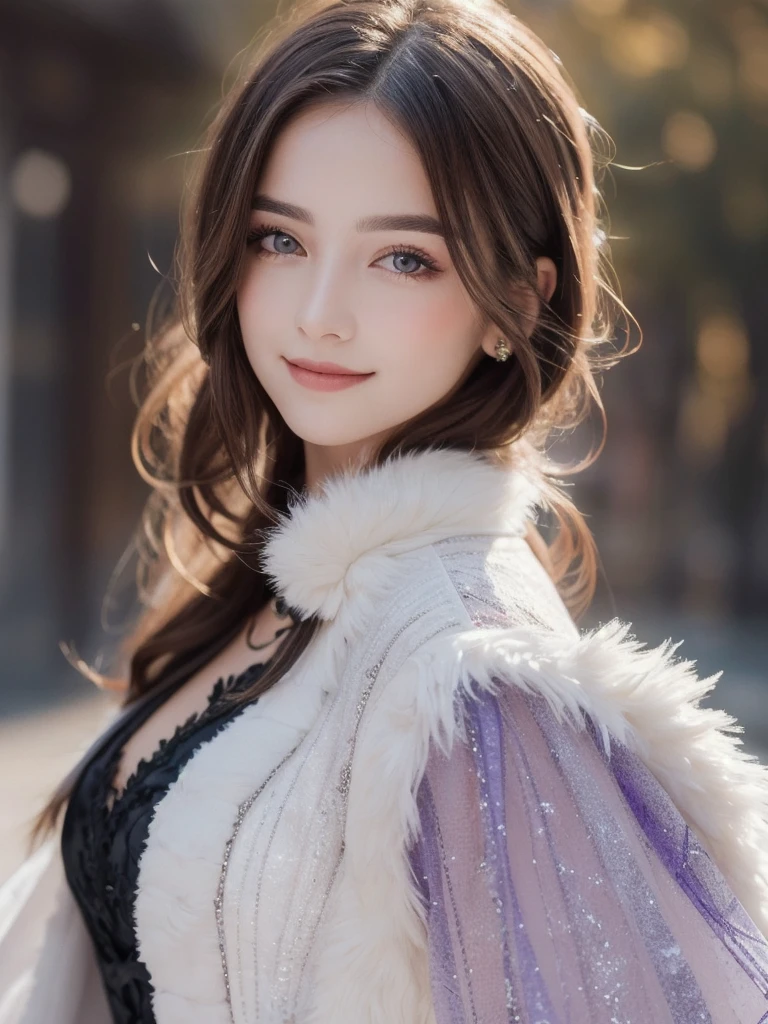 A stunning portrait of Anna Dittman-like beauty, dressed in a fitted red and white dress with fur trim, wide sleeves, and gloves, set against a darker bokeh background. Her long ash-brown hair cascades down her back as she gazes directly at the viewer with a captivating smile (1, 4). Her realistic violet eyes sparkle with intrigue. The focus is sharp, highlighting the intricate details of her outfit, from the delicate patterns to the subtle texture of the fur trim. A stunning example of hyper-detailed close-up photography.