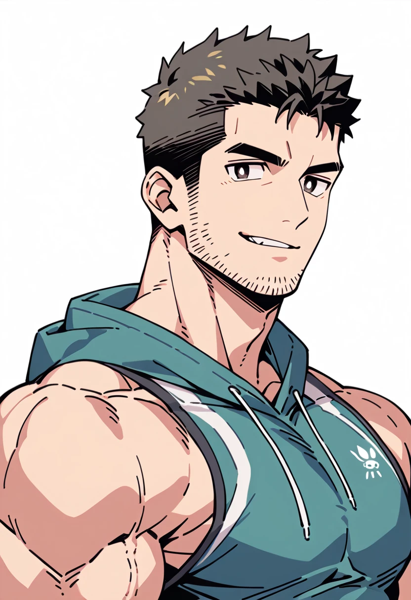 anime characters：Chris Redfield, Muscle Sports Student, Buzz Cut, Manliness, male focus, Sports tight hooded sweatshirt, Wear a black high-necked tights inside, Very tight, Huge chest muscles, muscular male, muscular, only, Upper body, alone, Red short hair, Thick eyebrows, stubble, Brown-red pupils, White background, simple background, amazing quality, best aesthetics, Ridiculous, crew cut, parted lips, smirk, bright pupils, negative space, best quality