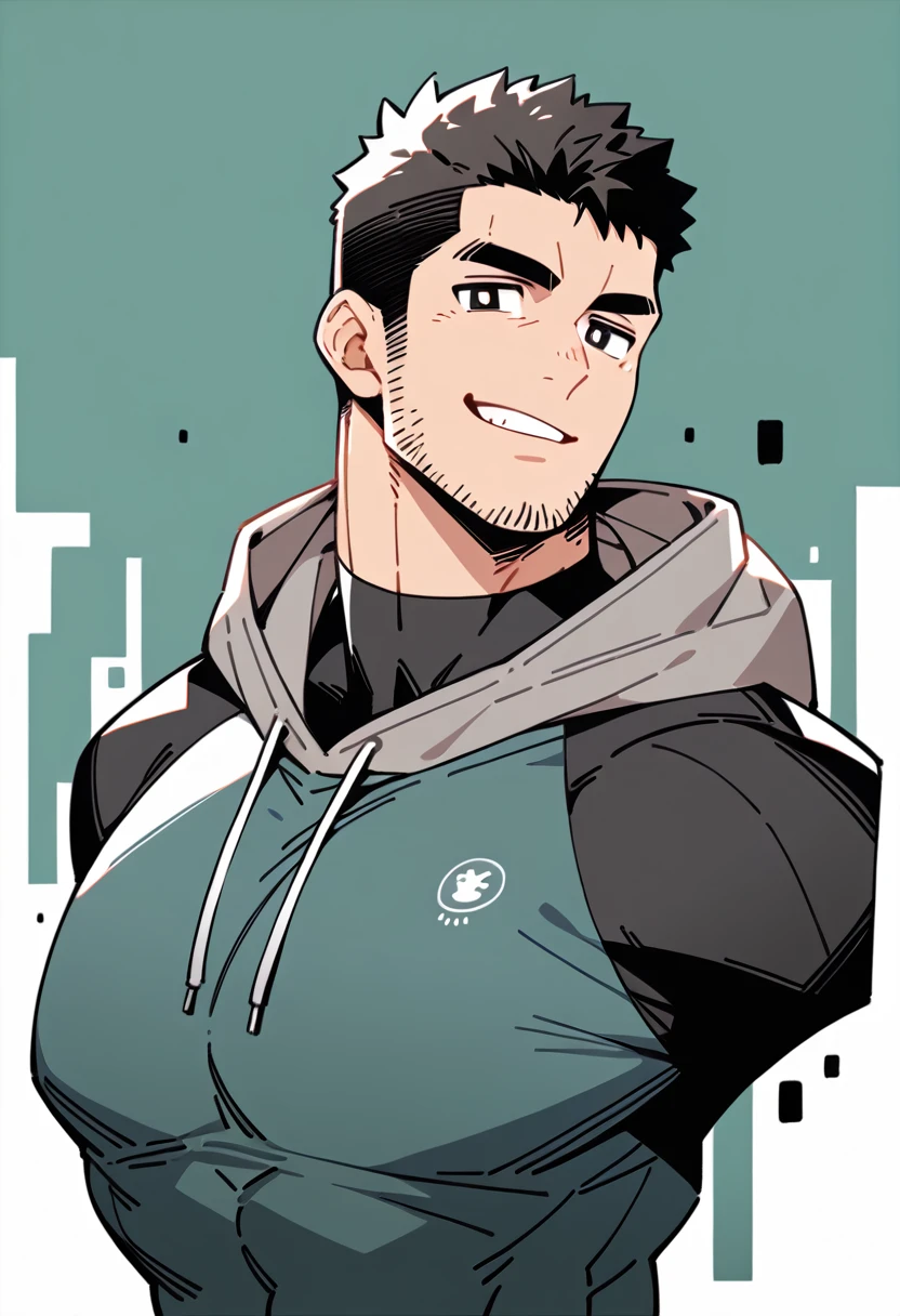 anime characters:Chris Redfield, Muscle Sports Student, Buzz Cut, Manliness, male focus, Sports tight hooded sweatshirt, Wear a black high-necked tights inside, Very tight, Huge chest muscles, muscular male, muscular, only, Upper body, alone, Red short hair, Thick eyebrows, stubble, Brown-red pupils, White background, simple background, amazing quality, best aesthetics, Ridiculous, crew cut, parted lips, smirk, bright pupils, negative space, best quality