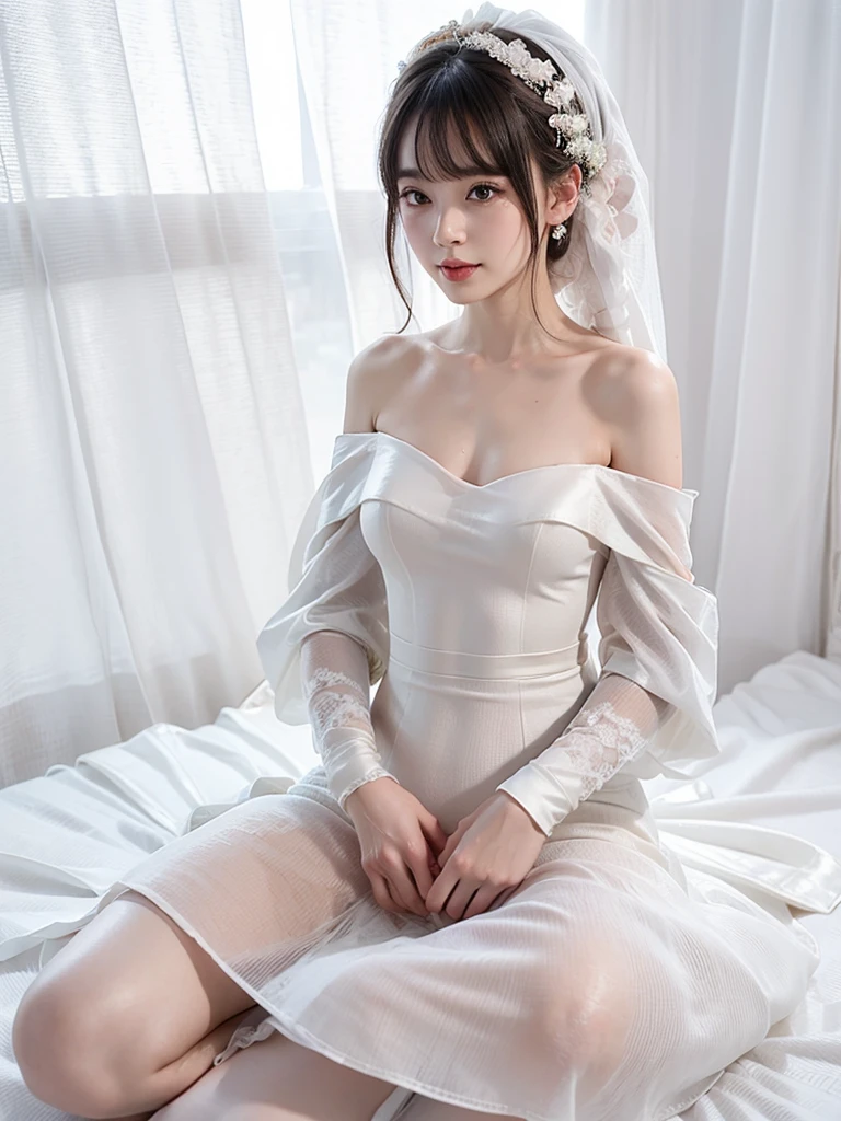 ((Highest quality、masterpiece、、Best image quality、Ultra-high resolution、Award-winning works)、(a girl wearing a white wedding dress:1.8)、(Accurate anatomy:1.1)、(On the bed、(Sleep on your back:1.8))、(Close your eyes and open your mouth:1.8)、Spread your legs:1.7、Ultra-high resolution for bright and fair skin、The most detailed face、Ultra-high resolution detailed face、Ultra-high resolutionの髪の毛、Ultra-high resolutionの煌めく瞳、Beautiful face drawn in every detail、(Blurred Background:1.1)、very bright and vivid、beautiful japanese actress face、whole body:1.6、Small breasts:1.6、((Clothes are open))、(Nipples、pubic hair、Pussy)