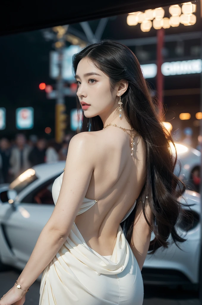 (((best quality))),(((ultra detailed))),(((masterpiece))),illustration,((1girl,gorgeous female model,solo)),((earrings,crystal necklace)),((slim,thin)),((bare back,towering hips,butt crack)),(standing:1.3),(beside a sleek futuristic car:1.3),(glamorres sparkled dress:1.3),intricate embellishments,drop-dead gorgeous,(shoulder length straight hair:1.2),vibrant piercing eyes,delicate facial features,rosy cheeks,parted res lips,confident allure,beauty grace,intricate patterns,shimmering fabric,elegant draping,complementary skin tone,radiates beauty,allure,sleek streamlined design,futurism,smooth curves angles,ambient lighting,ethereal aura,intricate patterns,LED lights,glow,sea of activity,(surrounded by crowded crowds:1.3),examine cars,electric atmosphere,cyberpunk style,excitement anticipation,energy palpable,enthusiasm future automobiles,modern elegance,technological innovation,captivating vibrant scene,invite viewers step into future,embrace beauty,((from back,upper body))