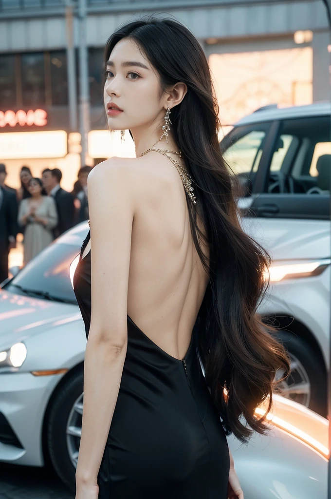 (((best quality))),(((ultra detailed))),(((masterpiece))),illustration,((1girl,gorgeous female model,solo)),((earrings,crystal necklace)),((slim,thin)),((bare back,towering hips,butt crack)),(standing:1.3),(beside a sleek futuristic car:1.3),(glamorres sparkled dress:1.3),intricate embellishments,drop-dead gorgeous,(shoulder length straight hair:1.2),vibrant piercing eyes,delicate facial features,rosy cheeks,parted res lips,confident allure,beauty grace,intricate patterns,shimmering fabric,elegant draping,complementary skin tone,radiates beauty,allure,sleek streamlined design,futurism,smooth curves angles,ambient lighting,ethereal aura,intricate patterns,LED lights,glow,sea of activity,(surrounded by crowded crowds:1.3),examine cars,electric atmosphere,cyberpunk style,excitement anticipation,energy palpable,enthusiasm future automobiles,modern elegance,technological innovation,captivating vibrant scene,invite viewers step into future,embrace beauty,((from back,upper body))