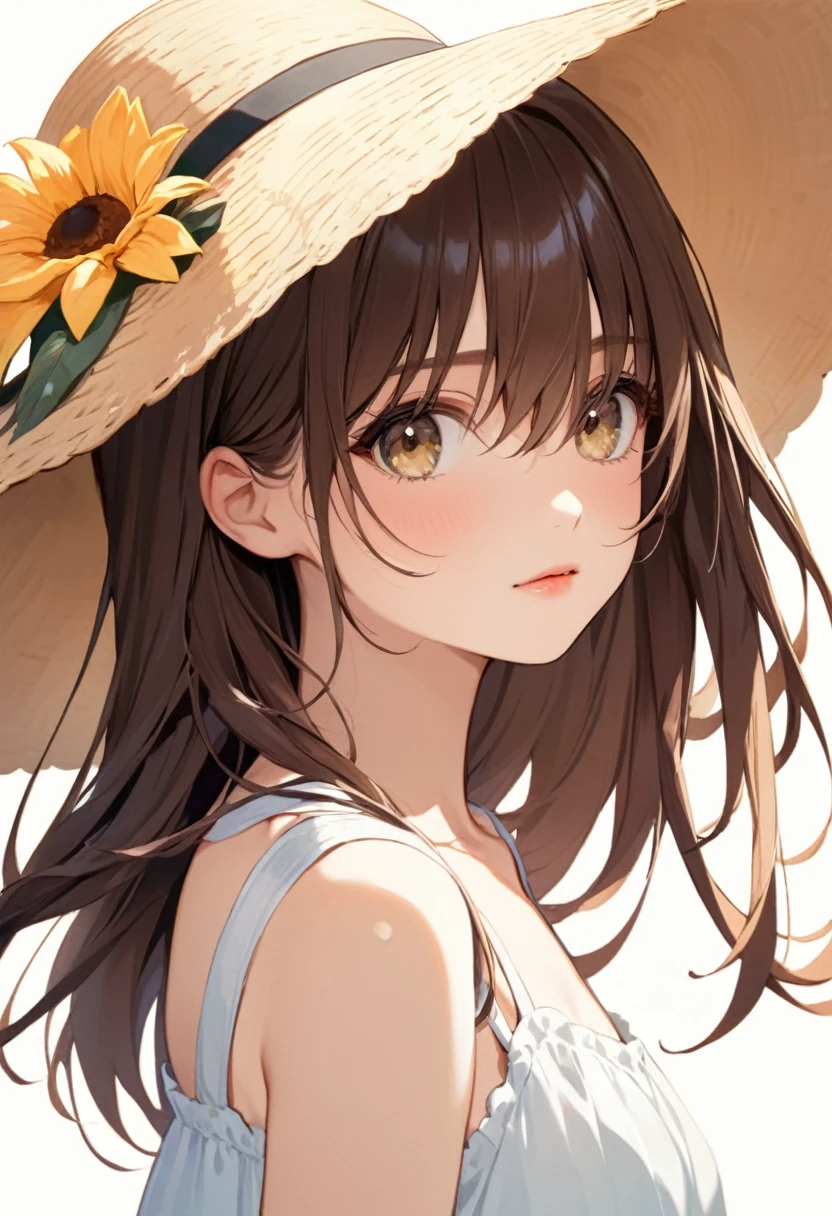 Girl with dark brown hair.Hazel eyes.She wears a calm summer dress