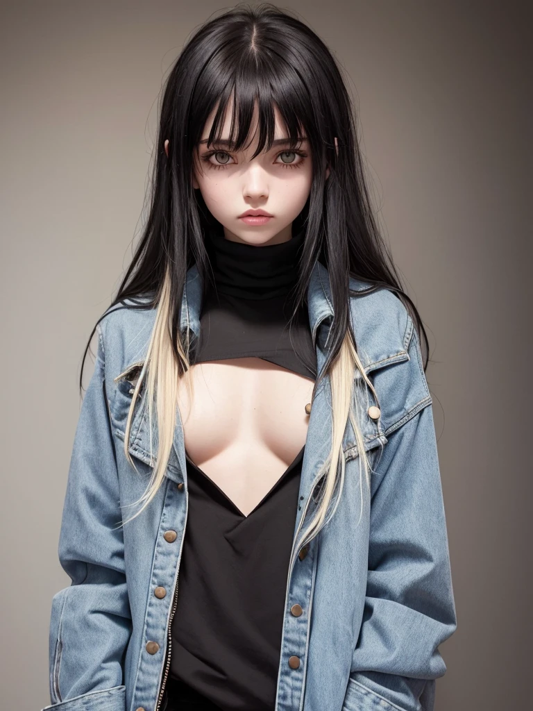 (best quality), 1girl, female, pale skin, (black hair), blonde ombre, medium hair, messy hair, messy bangs, hair over eyes, (brown eyes), perfect eyes, dark circles under eyes, skinny body, flat chest, goth girl, oversized jacket, turtleneck, ripped jeans, childish, masterpiece, anatomically correct, highres