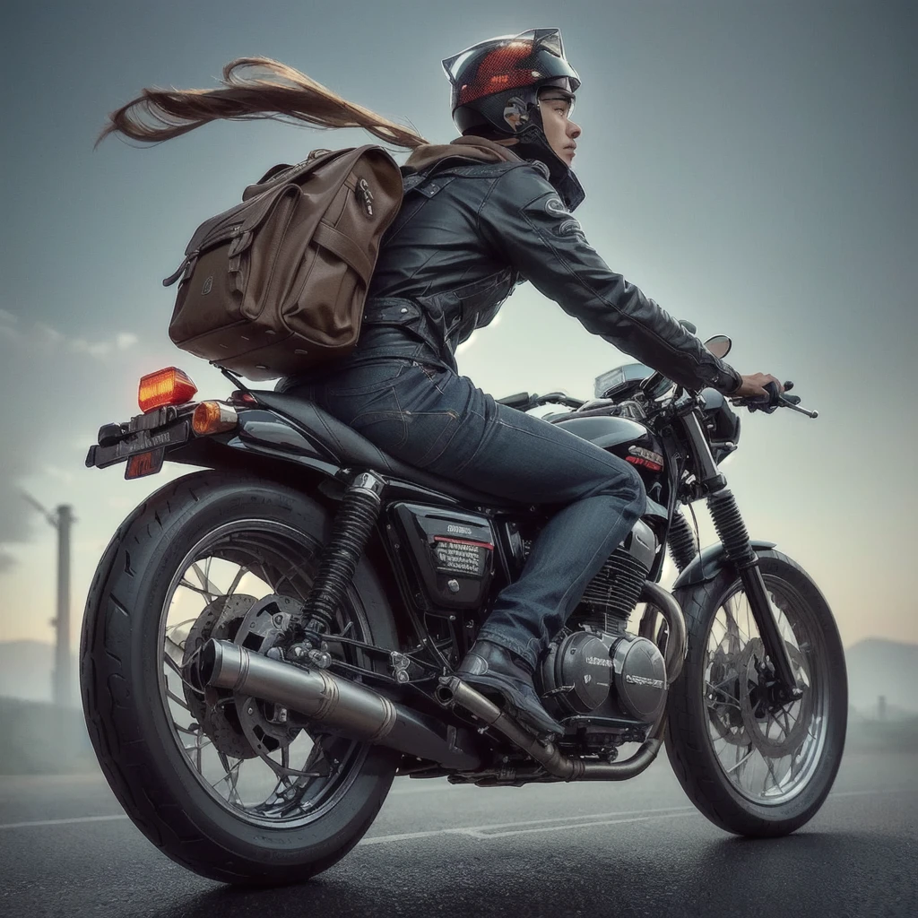 araffe riding on a motorcycle with a backpack on the back, inspired by Rudy Siswanto, 3 d epic illustrations, by Rudy Siswanto, stunning digital illustration, motorcycle concept art, motorbiker, biker, motorcycle, hyper realistic illustration, inspired by Chris LaBrooy, adventure hyper realistic render, amazing digital art, inspired by Darek Zabrocki