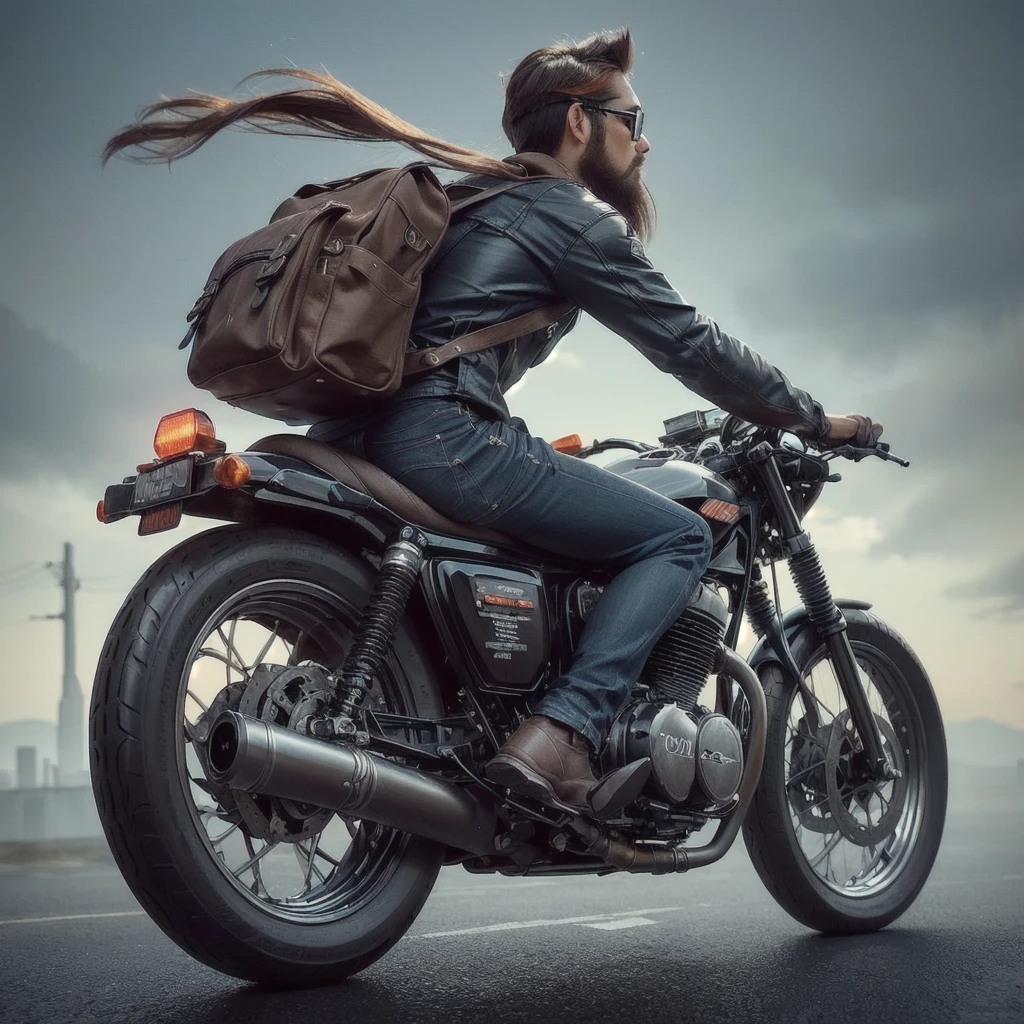 araffe riding on a motorcycle with a backpack on the back, inspired by Rudy Siswanto, 3 d epic illustrations, by Rudy Siswanto, stunning digital illustration, motorcycle concept art, motorbiker, biker, motorcycle, hyper realistic illustration, inspired by Chris LaBrooy, adventure hyper realistic render, amazing digital art, inspired by Darek Zabrocki