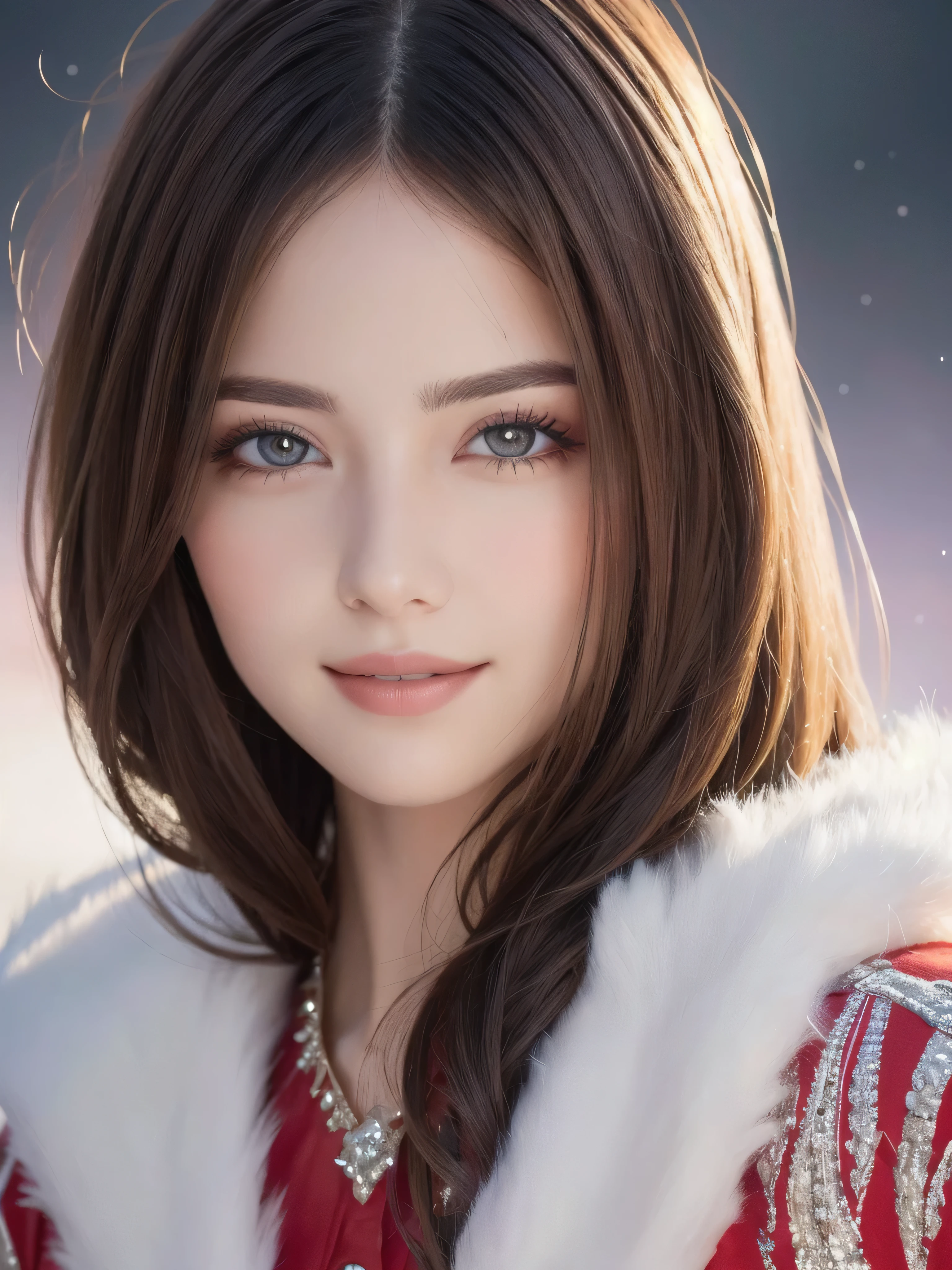A stunning portrait of Anna Dittman-like beauty, dressed in a fitted red and white dress with fur trim, wide sleeves, and gloves, set against a darker bokeh background. Her long ash-brown hair cascades down her back as she gazes directly at the viewer with a captivating smile (1, 4). Her realistic violet eyes sparkle with intrigue. The focus is sharp, highlighting the intricate details of her outfit, from the delicate patterns to the subtle texture of the fur trim. A stunning example of hyper-detailed close-up photography.