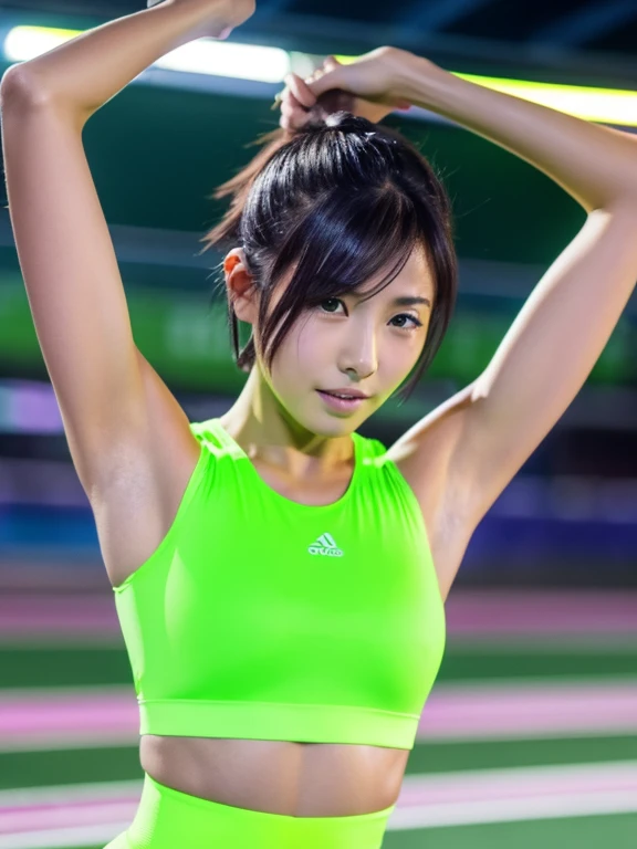 Best quality 8k resolution Ultra detailed Bright neon green competition sportswear Serious facial expression Cute beauty Abs Arms up Very short hair High waisted tights Flat chest Japanese Sharp focus Track and field club Very short hair 27 years old Sweating