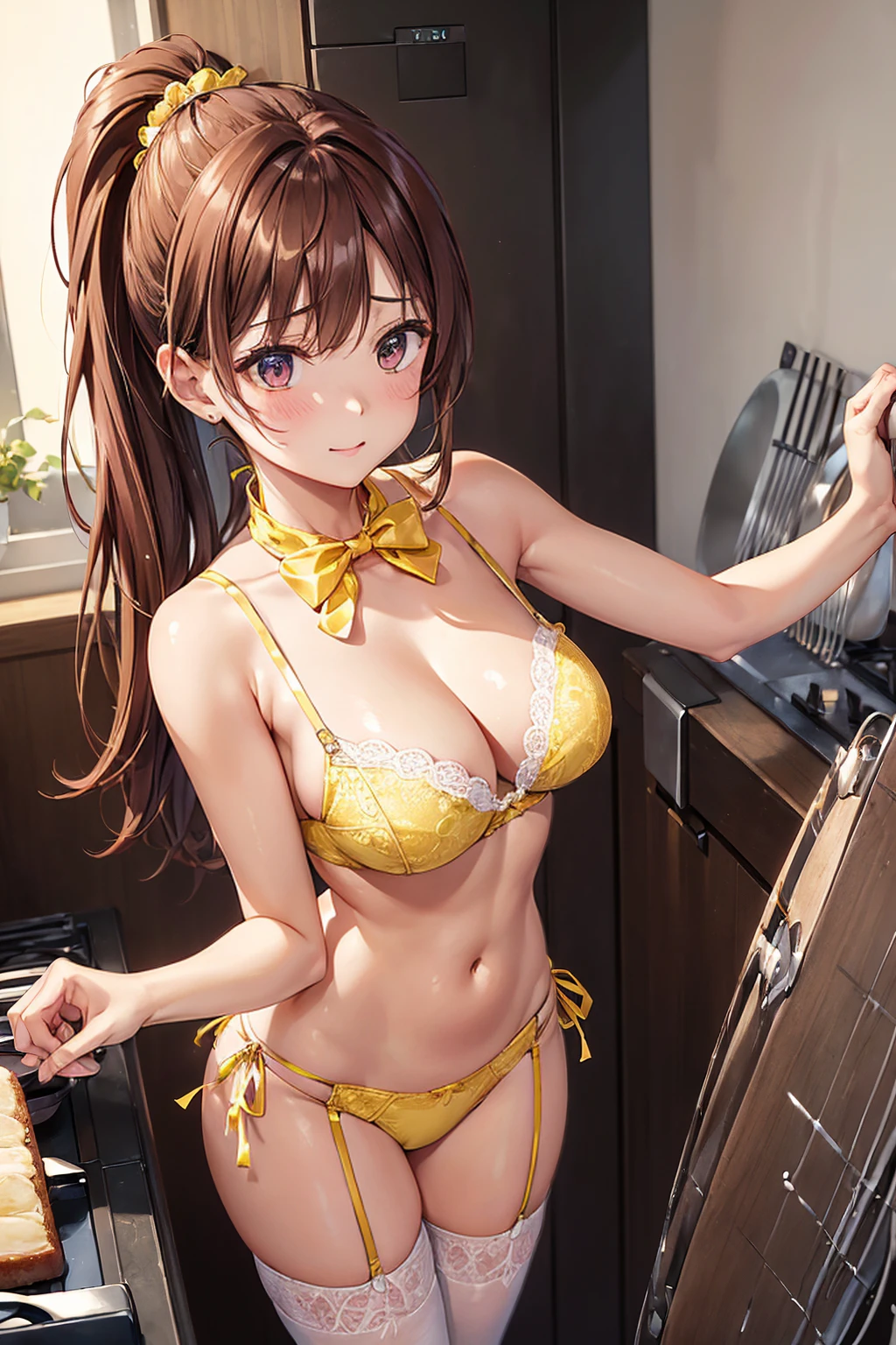 (((masterpiece, Highest quality, High resolution, 超High resolution, Perfect Pixel, Depth of written boundary, 4K, RTTX 10.0))), Beautiful Anime Woman, Beautiful art style, Anime characters, ((Smooth texture, Realistic texture, Anime CG Style)), Exact finger count、Exact number of legs、(Exact number of arms:1.0, Exact number of hands:1.0), (Perfect hands, Perfect Anatomy), Cinematic, Realistic, Extremely detailed CG, Daytime lighting, Perfect lighting, Best Shadow, The best natural light, whole body, Perfect body, バランのとれたPerfect body, Perfectly balanced style, Slender body, ((Long Hair, bangs, Reddish brown hair, ponytail)), ((A cute adult woman is cooking:1.8)), (pussy juice:1.5), ((Bow tie around neck:1.3), (Sexy and cute yellow underwear:1.3), (Stylish shiny yellow satin panties, Side-tie panties, Panties with plain yellow center and lace decoration on the sides:1.3), (Thin panties:1.3), (Yellow micro lace satin bra, Yellow bra with lace trim, Thin bra:1.3), (garter belt, Garter Strings, Knee socks:1.3):1.3), (Beautiful big , Cleavage:1.1), (Embarrassed expression:1.7), blush, (Stylish kitchen, In the middle of cooking, Dishes lined up in the kitchen:1.5), naked, In underwear, (A maid-like frilly headband:1.1), Angle from the front
