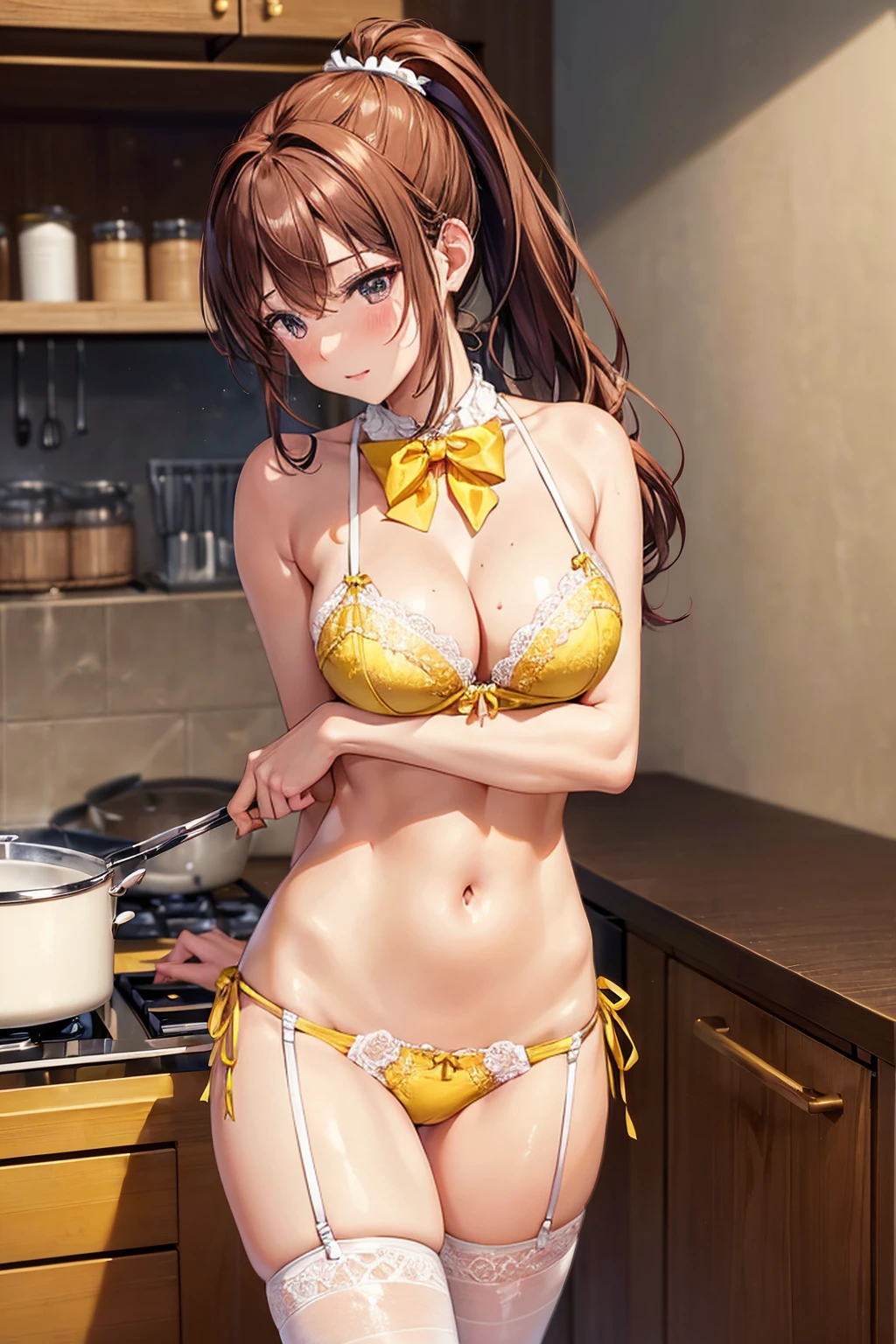 (((masterpiece, Highest quality, High resolution, 超High resolution, Perfect Pixel, Depth of written boundary, 4K, RTTX 10.0))), Beautiful Anime Woman, Beautiful art style, Anime characters, ((Smooth texture, Realistic texture, Anime CG Style)), Exact finger count、Exact number of legs、(Exact number of arms:1.0, Exact number of hands:1.0), (Perfect hands, Perfect Anatomy), Cinematic, Realistic, Extremely detailed CG, Daytime lighting, Perfect lighting, Best Shadow, The best natural light, whole body, Perfect body, バランのとれたPerfect body, Perfectly balanced style, Slender body, ((Long Hair, bangs, Reddish brown hair, ponytail)), ((A cute adult woman is cooking:1.8)), (pussy juice:1.5), ((Bow tie around neck:1.3), (Sexy and cute yellow underwear:1.3), (Stylish shiny yellow satin panties, Side-tie panties, Panties with plain yellow center and lace decoration on the sides:1.3), (Thin panties:1.3), (Yellow micro lace satin bra, Yellow bra with lace trim, Thin bra:1.3), (garter belt, Garter Strings, Knee socks:1.3):1.3), (Beautiful big , Cleavage:1.1), (Embarrassed expression:1.7), blush, (Stylish kitchen, In the middle of cooking, Dishes lined up in the kitchen:1.5), naked, In underwear, (A maid-like frilly headband:1.1), Angle from the front
