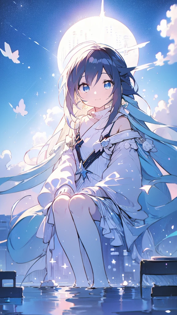 Seven-doppelganger shot,Anime style 4K,High quality anime art style,Standing painting,Splash ink background,Blue Themes、Pure white background,Buildings,Face close-up,Buildings,Moon and sun、Shining Star々,milky way,Bright Sky,Looking at me,Facing forward,Clear eyes and nose,cute,beautiful,Thin legs,sitting by the water, black hair, Blue eyes, girl, bob, front, cute,Blue Background,Long Hair,Whale flying in the blue sky,Buildings,whale,Black Hair,night,夜