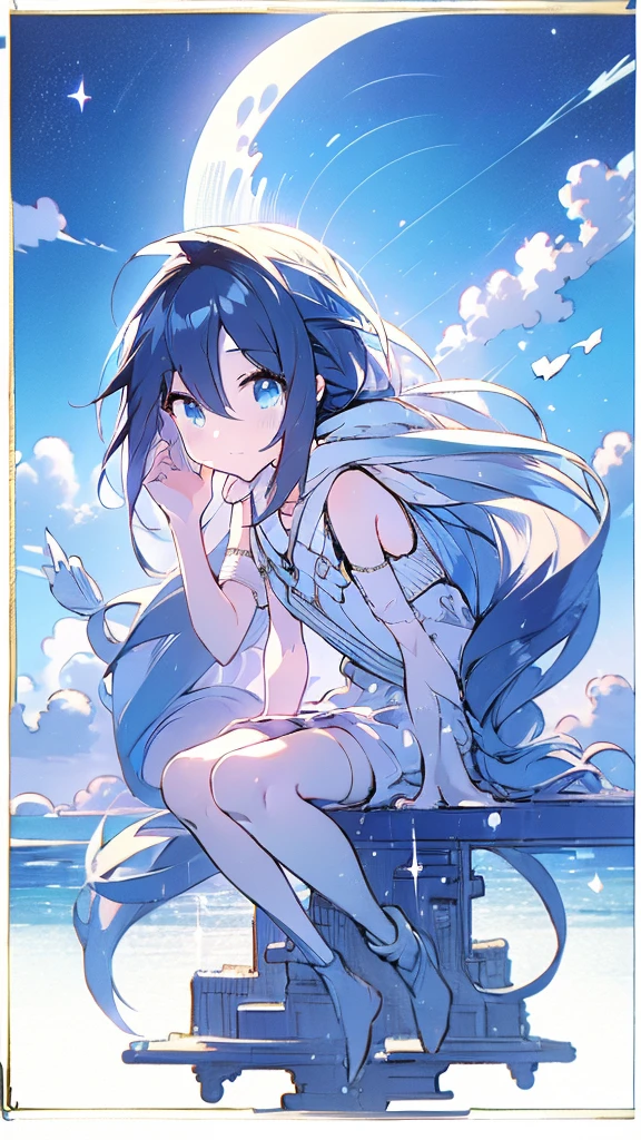 Seven-doppelganger shot,Anime style 4K,High quality anime art style,Standing painting,Splash ink background,Blue Themes、Pure white background,Buildings,Face close-up,Buildings,Moon and sun、Shining Star々,milky way,Bright Sky,Looking at me,Facing forward,Clear eyes and nose,cute,beautiful,Thin legs,sitting by the water, black hair, Blue eyes, girl, bob, front, cute,Blue Background,Long Hair,Whale flying in the blue sky,Buildings,whale,Black Hair,night,夜