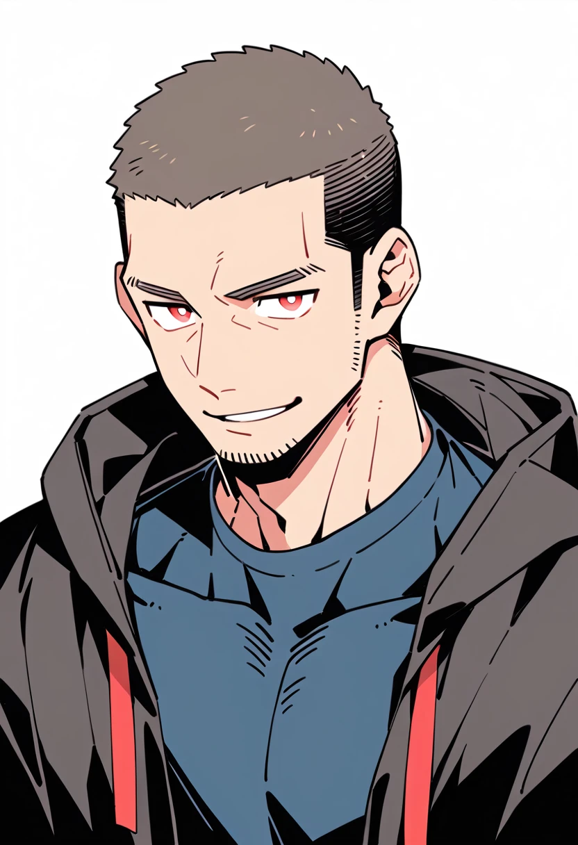 anime characters：Priapus, Muscle Sports Student, Buzz Cut, Manliness, male focus, Sports tight hooded sweatshirt, Very tight, full and perky chest muscles, muscular male, muscular, only, Upper body, alone, Red short hair, Thick eyebrows, stubble, Brown-red pupils, White background, simple background, amazing quality, best aesthetics, Ridiculous, crew cut, parted lips, smirk, bright pupils, negative space, negative space, best quality