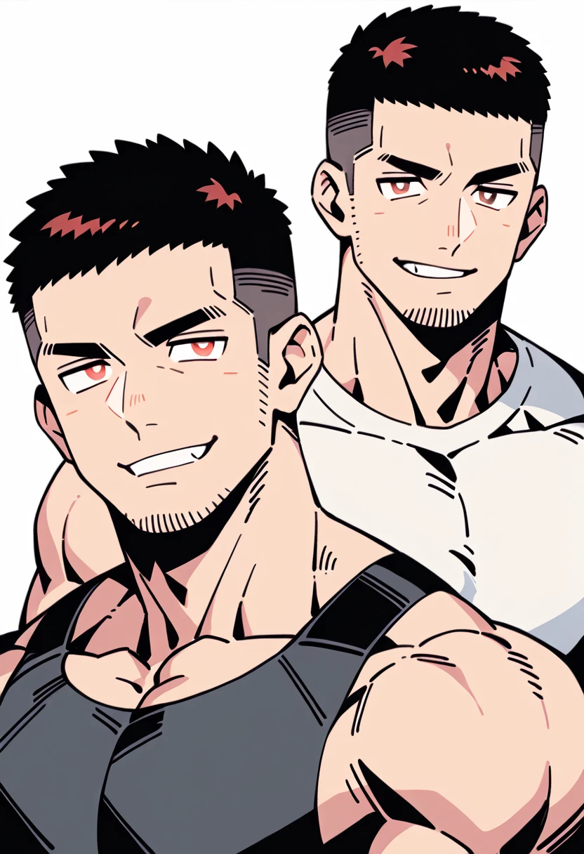 anime characters:Priapus, Muscle Sports Student, Buzz Cut, Manliness, male focus, Sports tight hooded sweatshirt, Very tight, full and perky chest muscles, muscular male, muscular, only, Upper body, alone, Red short hair, Thick eyebrows, stubble, Brown-red pupils, White background, simple background, amazing quality, best aesthetics, Ridiculous, crew cut, parted lips, smirk, bright pupils, negative space, negative space, best quality