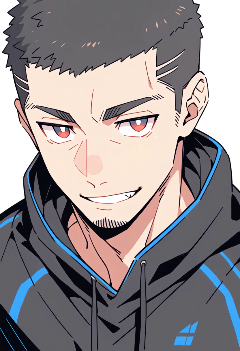 anime characters：Priapus, Muscle Sports Student, Buzz Cut, Manliness, male focus, Sports tight hooded sweatshirt, Very tight, full and perky chest muscles, muscular male, muscular, only, Upper body, alone, Red short hair, Thick eyebrows, stubble, Brown-red pupils, White background, simple background, amazing quality, best aesthetics, Ridiculous, crew cut, parted lips, smirk, bright pupils, negative space, negative space, best quality