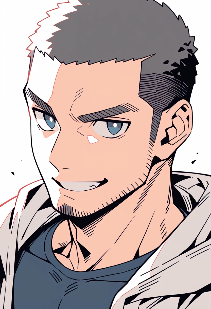 anime characters:Priapus, Muscle Sports Student, Buzz Cut, Manliness, male focus, Sports tight hooded sweatshirt, Very tight, full and perky chest muscles, muscular male, muscular, only, Upper body, alone, Red short hair, Thick eyebrows, stubble, Brown-red pupils, White background, simple background, amazing quality, best aesthetics, Ridiculous, crew cut, parted lips, smirk, bright pupils, negative space, negative space, best quality