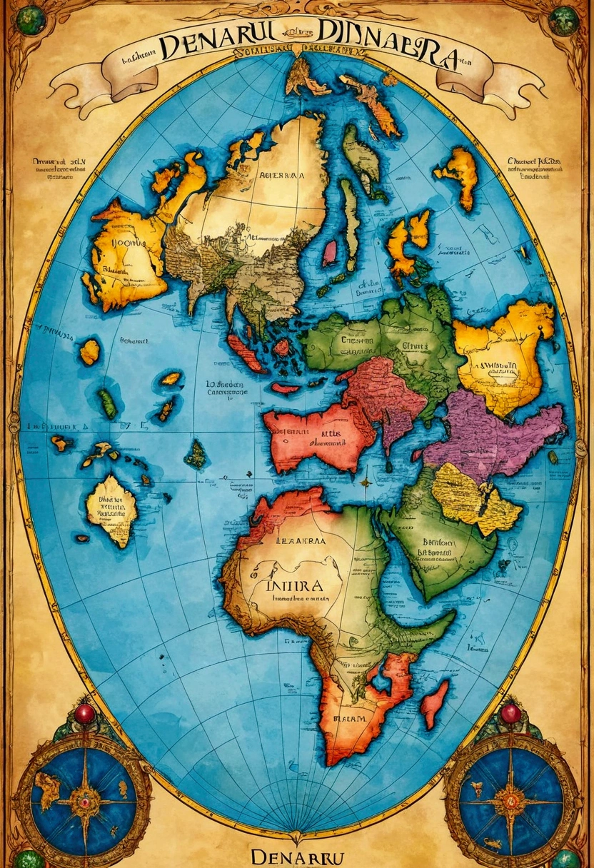 fantasy world map continents: Denarru, Merrou and Dinarra, on Denarru there are 23 Kingdoms, including the Empire of Babylon, the Lebenis ocean stretches around the continents