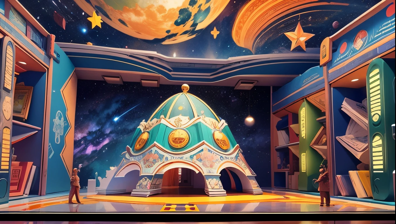 (Pop-up Books:1.5),(Space Travel),(Colorful、Highest quality、Attention to detail、masterpiece、Folk art、Cinematic Lighting Effects、4K、Chiaroscuro)
