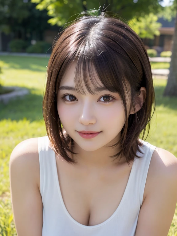 Highly detailed CG Unity 8K wallpapers, Highest quality, Very detailed, masterpiece, Realistic, Realistic, Very detailed日本のかわいい女の子, (１８Year), blush, Round eyes, Thick eyebrow chest, Semi Body Shot,  High resolution raw color photos, Professional photos, Portrait of sexy girl、Anatomically correct body shape、Healthy body shape、Brown short hair、smile、Front view、sleeveless shirt,blouse