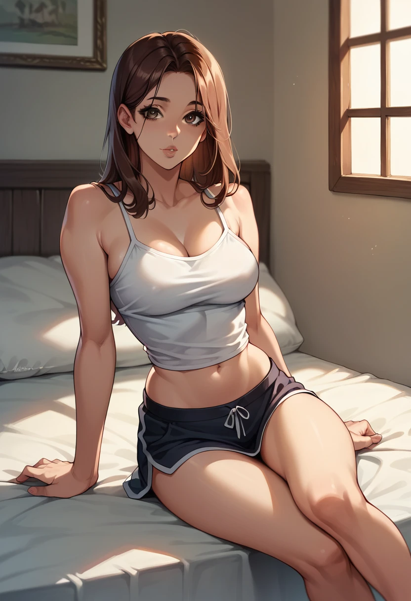 beauty, hidden face, 1 girl, beauty: 1.3, Slim Abs: 1.1, Camisole vest, Long brown hair, (Sit on the bed), Highly detailed face, Highly detailed lips, Detailed eyes, double eyelid