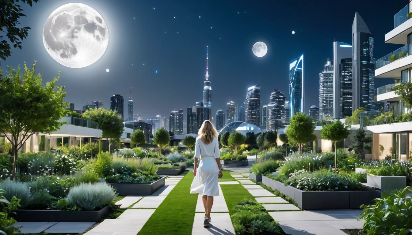 full moon night,A 45 YEAR OLD WHITE WOMAN, walks in a modern urban garden, The city of the future,detailed back ground,