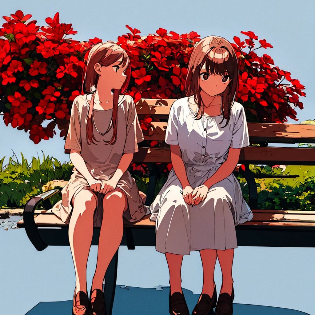 Summer, girl sitting on bench, red flowers, white clothes, brown hair, short, light gray background