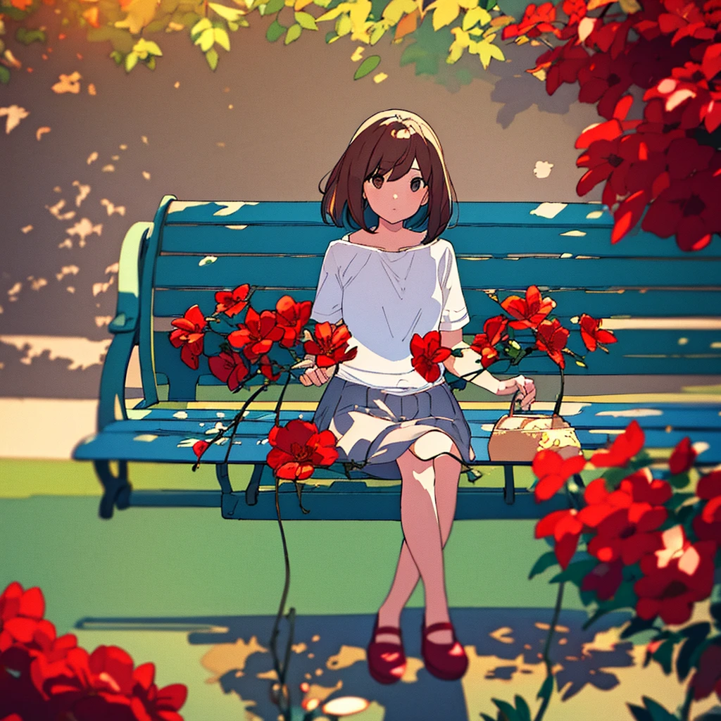 Summer, girl sitting on bench, red flowers, white clothes, brown hair, short, light gray background