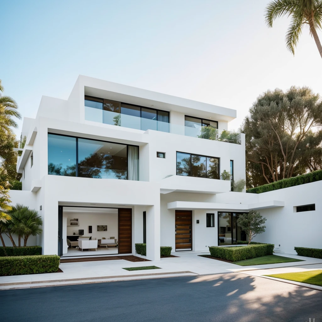realistic photography. natural light. architectural Digest magazine quality photo. houzz photo. beautiful exterior looking into a front door. Ultra modern , curvy, luxury, ultra modern, plush home. flat roof, marbella, popular exterior home style. Scandinavian. entrance that has a curved wall which encompasses small front yard. white stucco. peaceful potted plants at entrance. sunny day.
